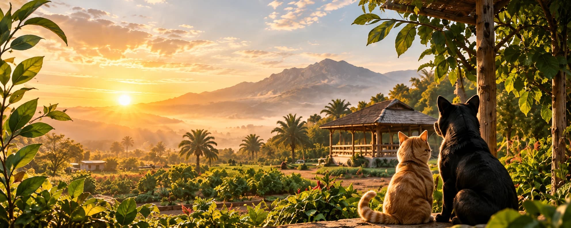 Two farm cats watching the sunrise over the farm fields and mountains